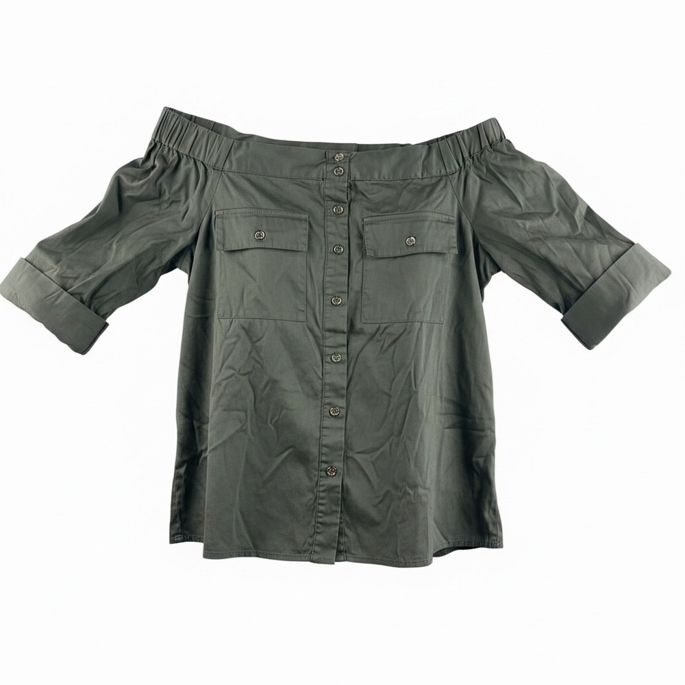 Michael Michael Kors Womens XS Olive Green Off‎ Shoulder Button Front Blouse Top